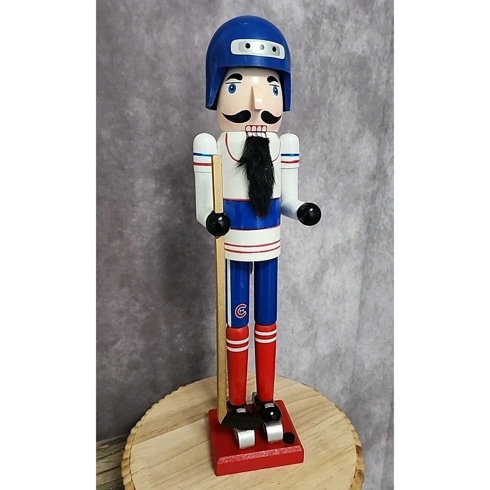 Hockey Player Nutcracker Puck Stick Red Blue White Wood Christmas 16